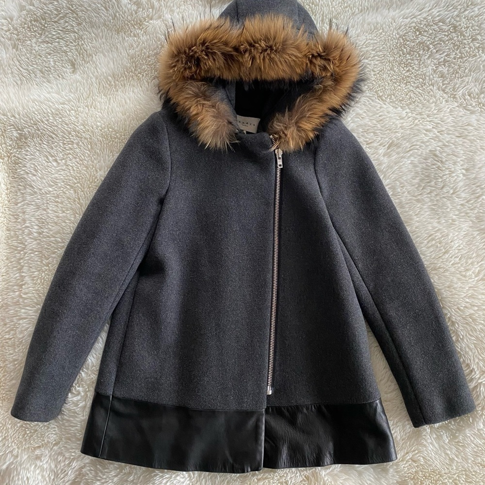 Sandro Manoli Fur Trim Leather Panel Wool Coat Gray - Picture 3 of 11